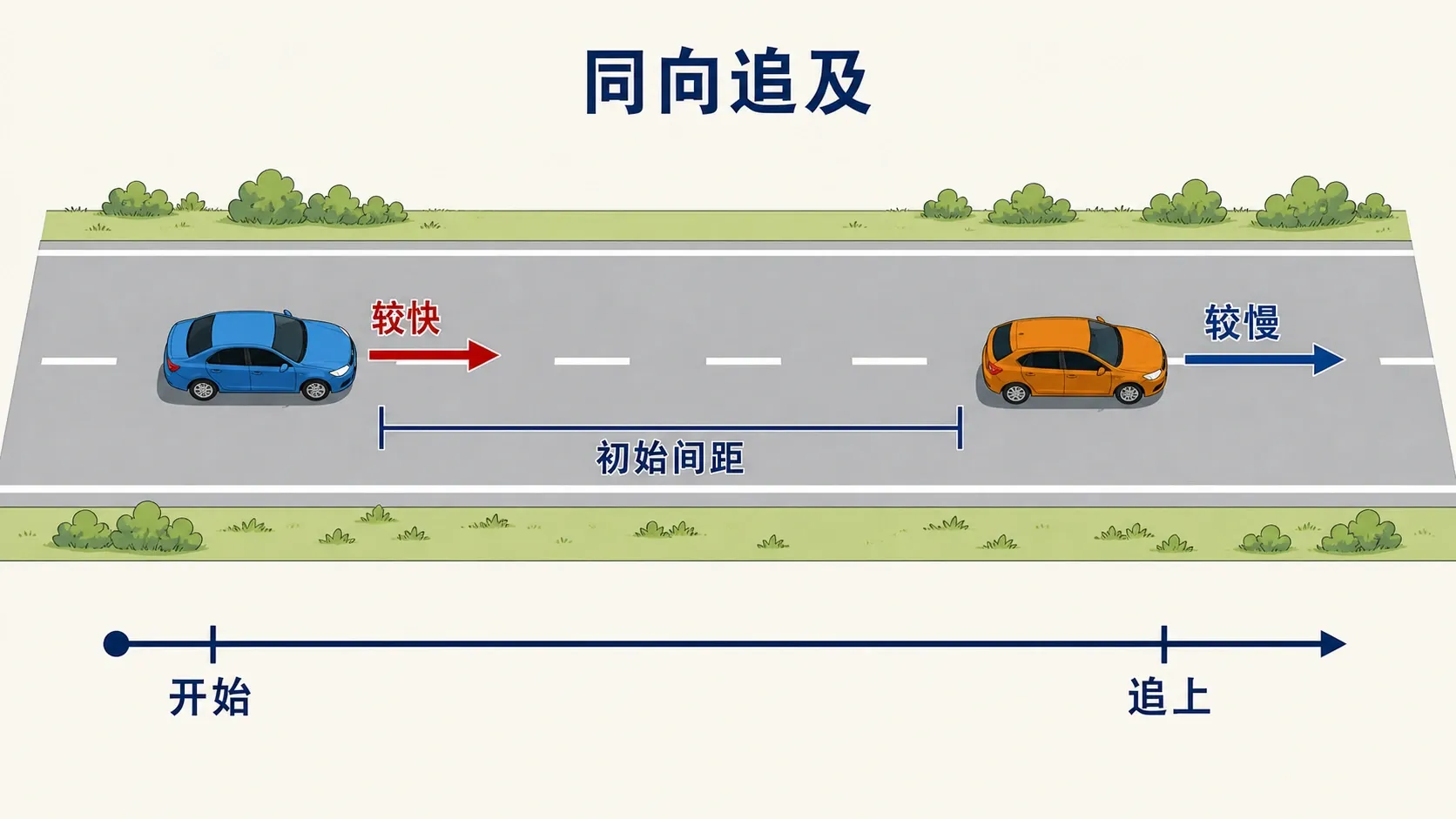 同向追及:后方较快的车辆逐步缩短初始间距。