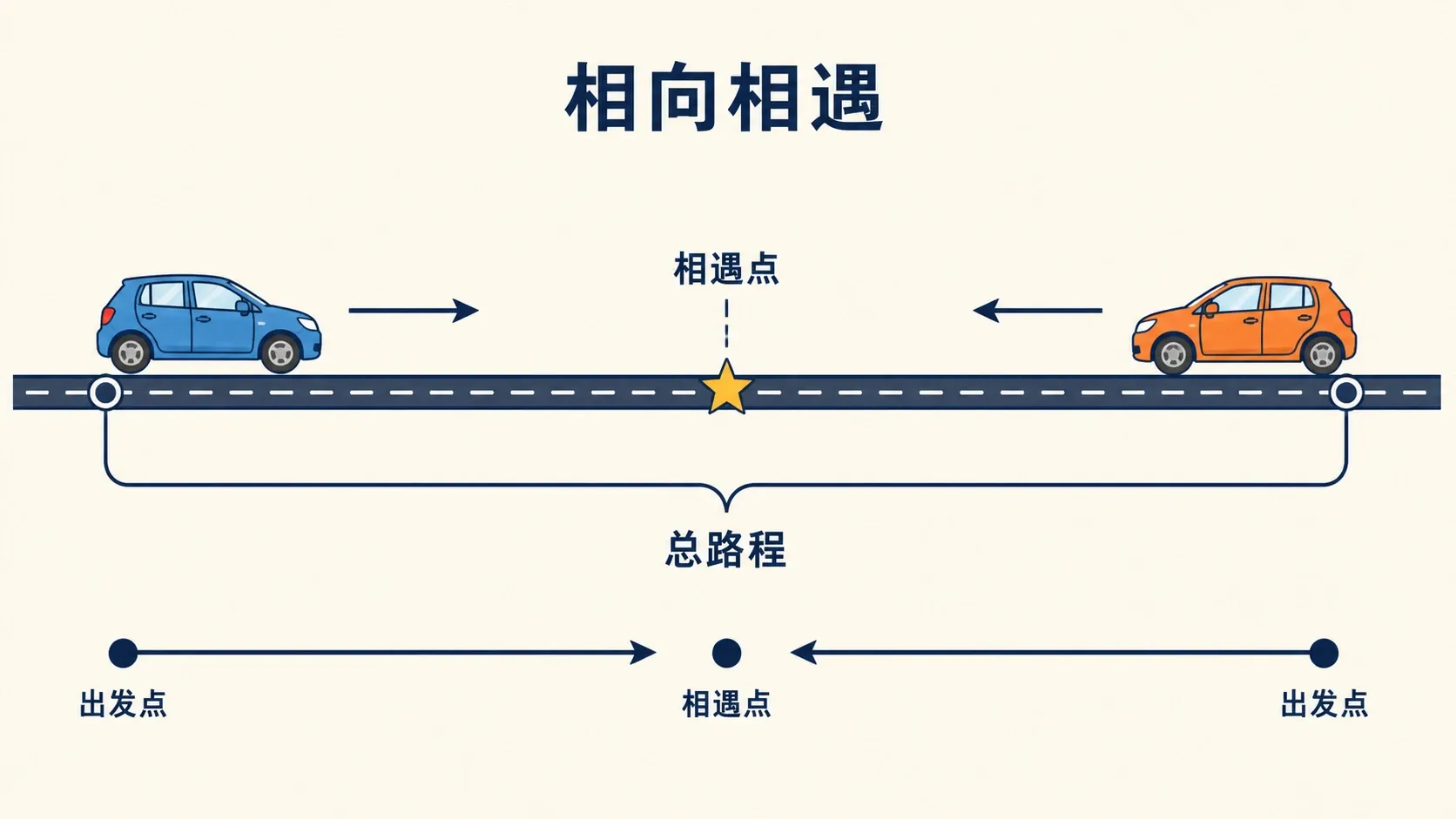 相向运动时,两物体的路程之和等于起始间距。