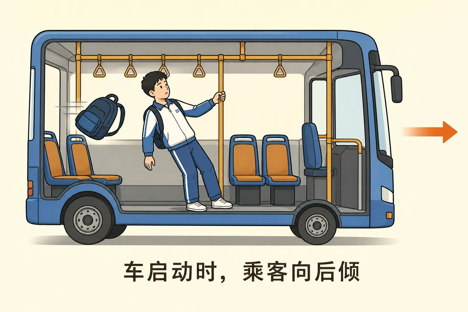 公交车启动和刹车时乘客因惯性发生相对运动的示意图