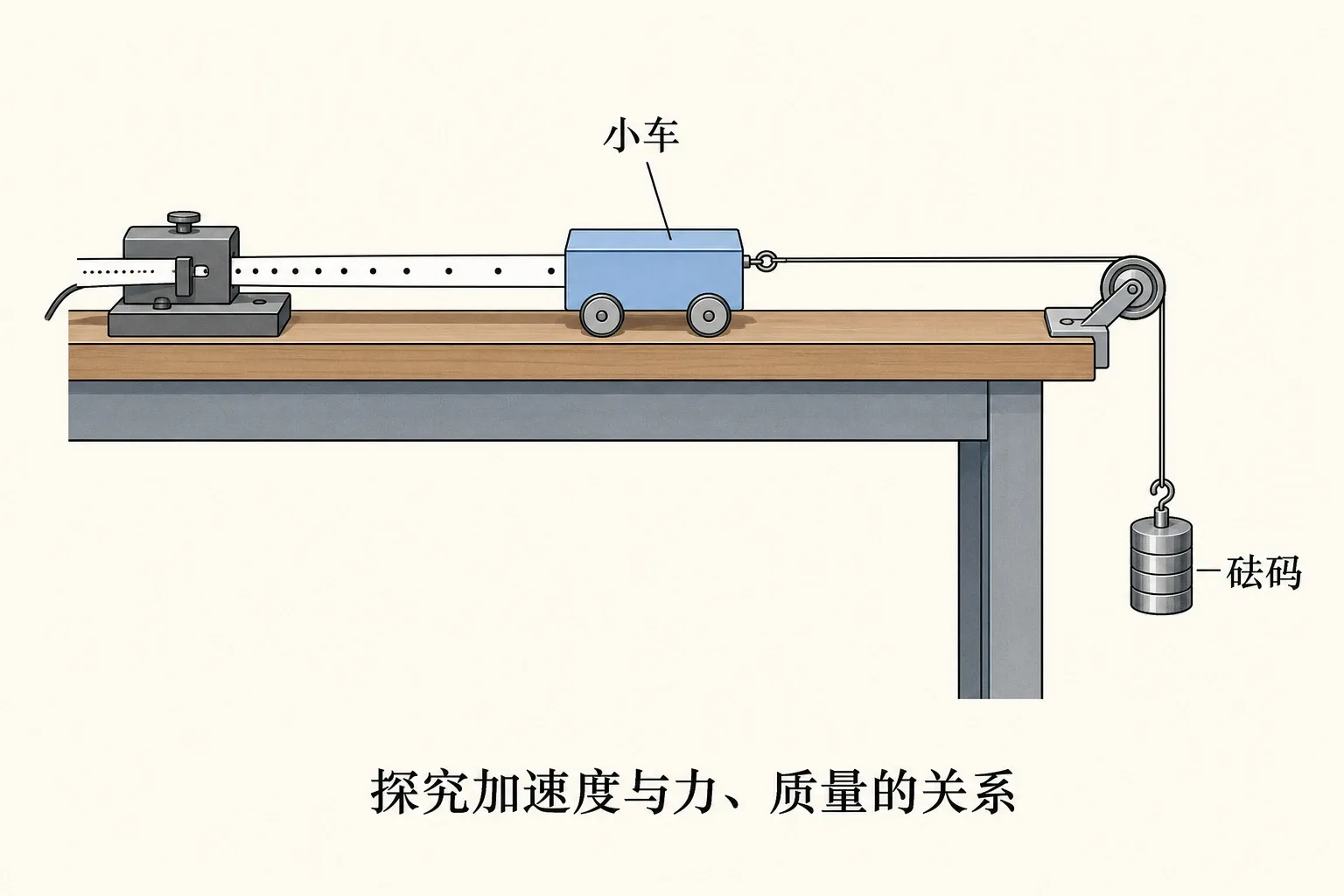 小车、砝码、纸带和打点计时器研究加速度与合外力、质量关系的实验示意图