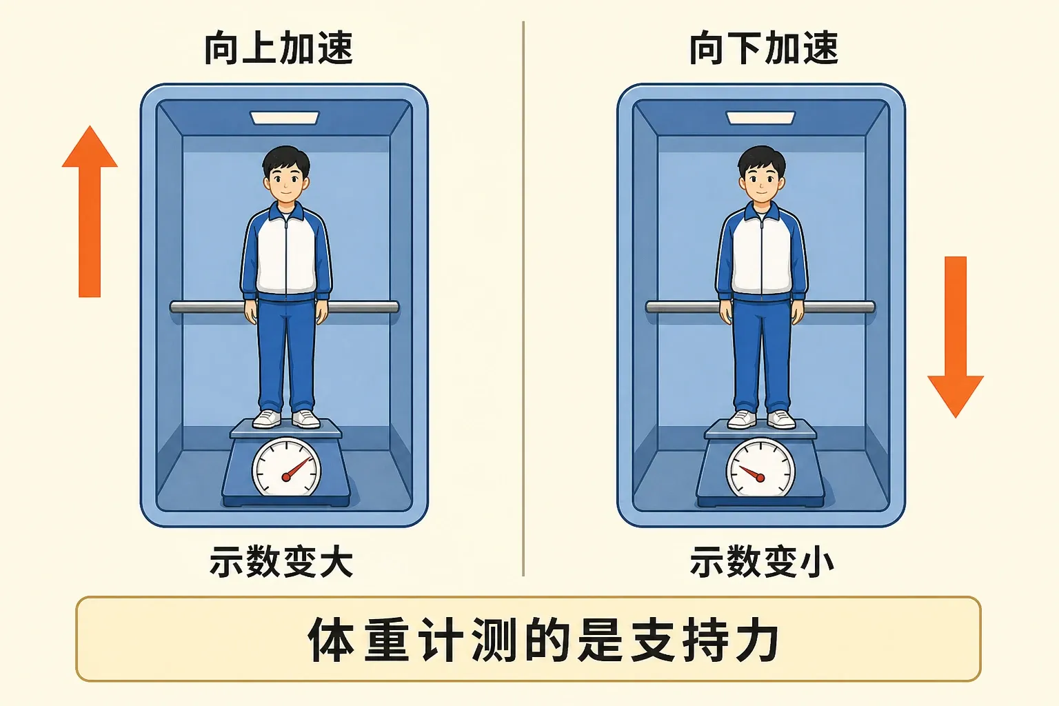 电梯内的人站在体重计上,比较上加速、下加速和匀速时支持力大小的示意图