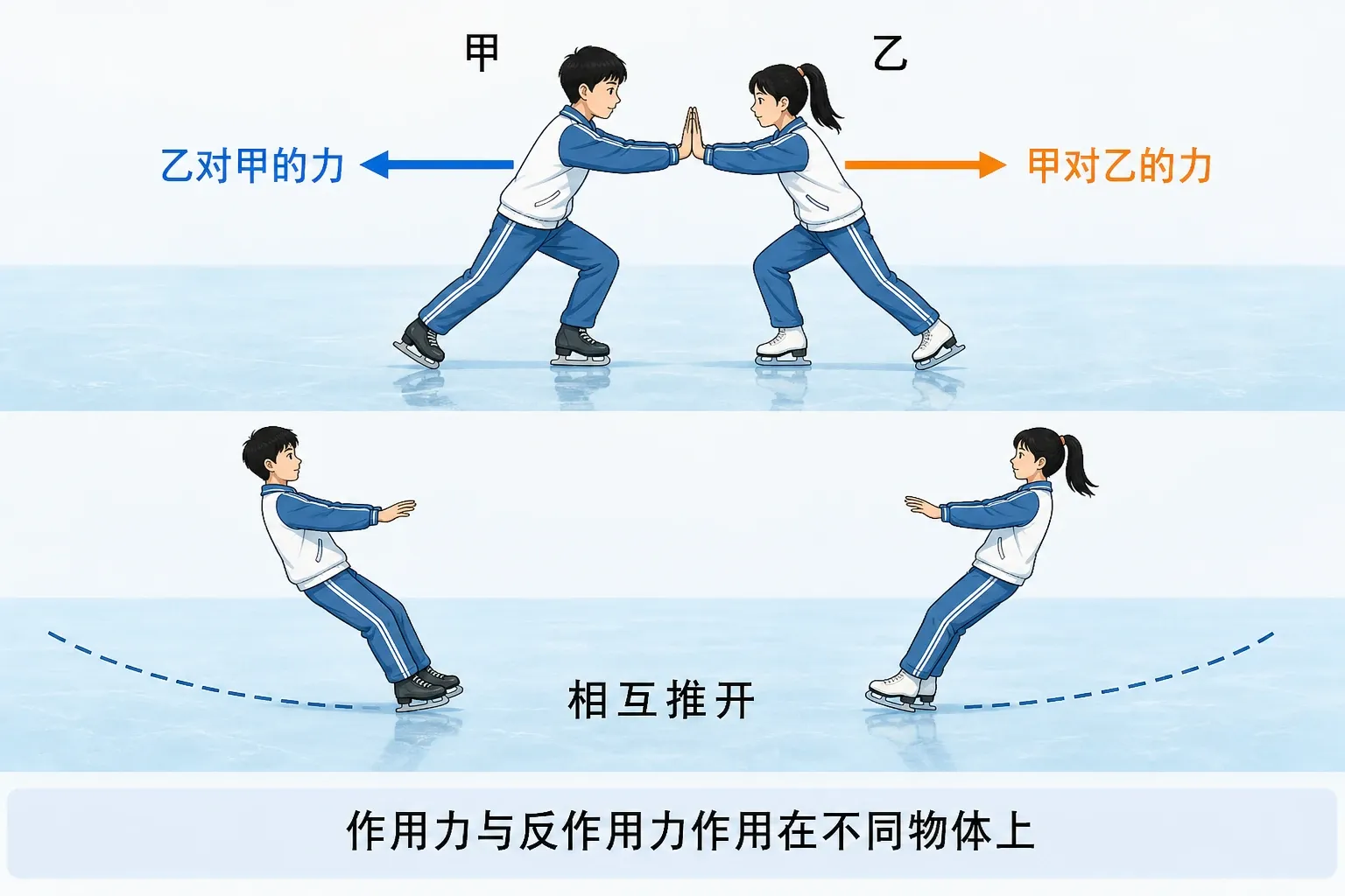两名滑冰者相互推开,标出一对大小相等方向相反作用力的示意图