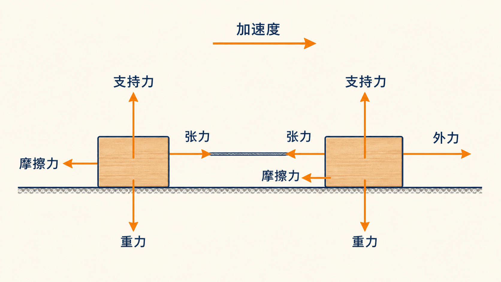 两个相连木块在粗糙水平面上的受力图;张力、摩擦力和共同加速度的方向必须分别画在各自物体上。