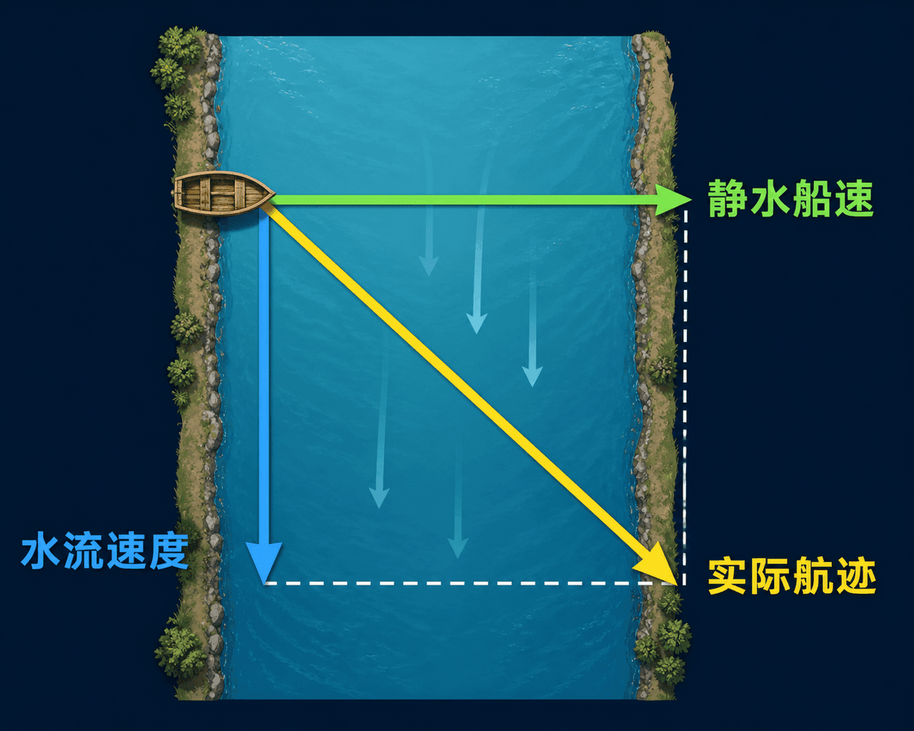 小船横渡河流时,船相对静水的速度与水流速度叠加为实际航迹速度的示意