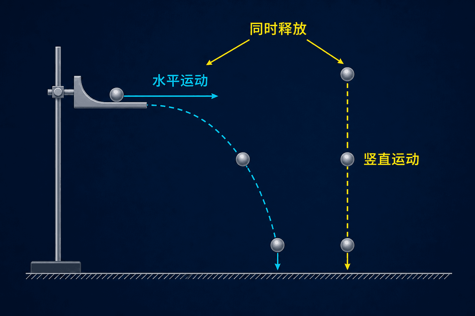 同时释放和水平推出两个小球的对比示意,突出竖直方向运动的独立性