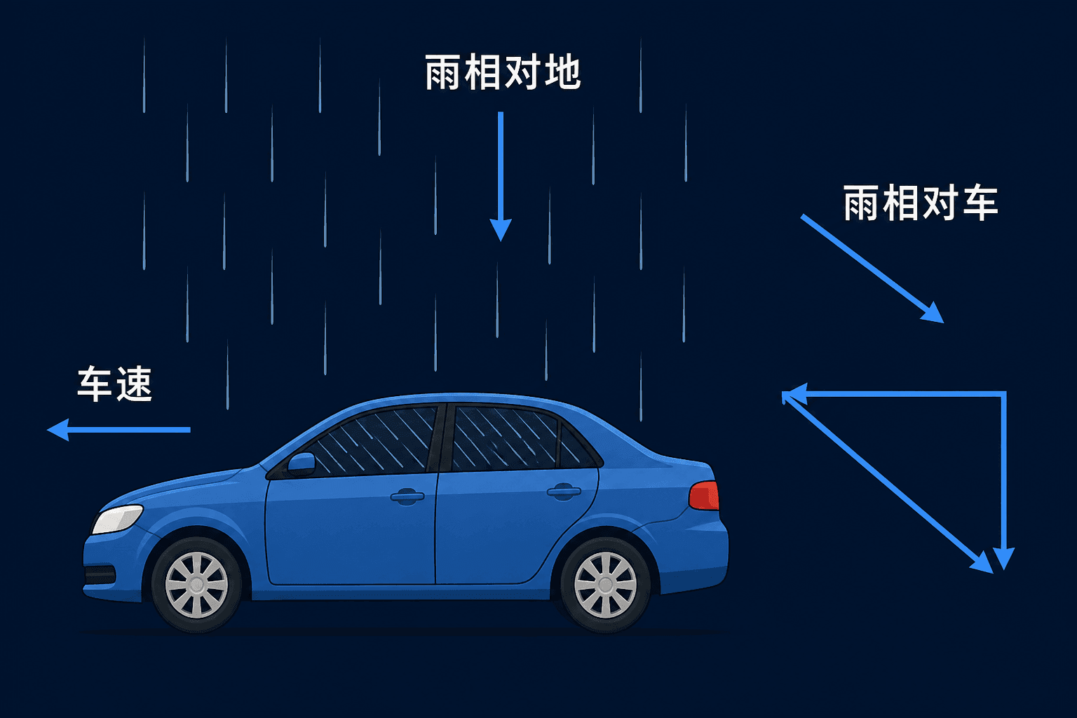雨天行驶汽车的车窗上出现斜雨线,示意雨相对地面和相对汽车的速度关系