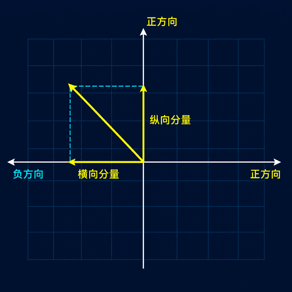 同一速度矢量在坐标网格中分解为带正负号的水平和竖直分量
