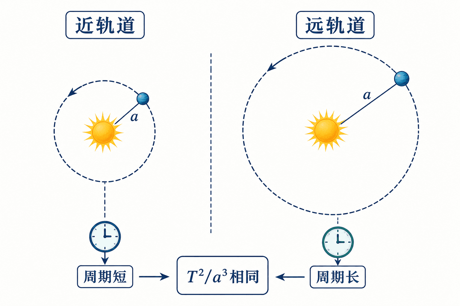 在同一中心天体周围,轨道半长轴增大时公转周期也增大;T^2/a^3 保持不变。