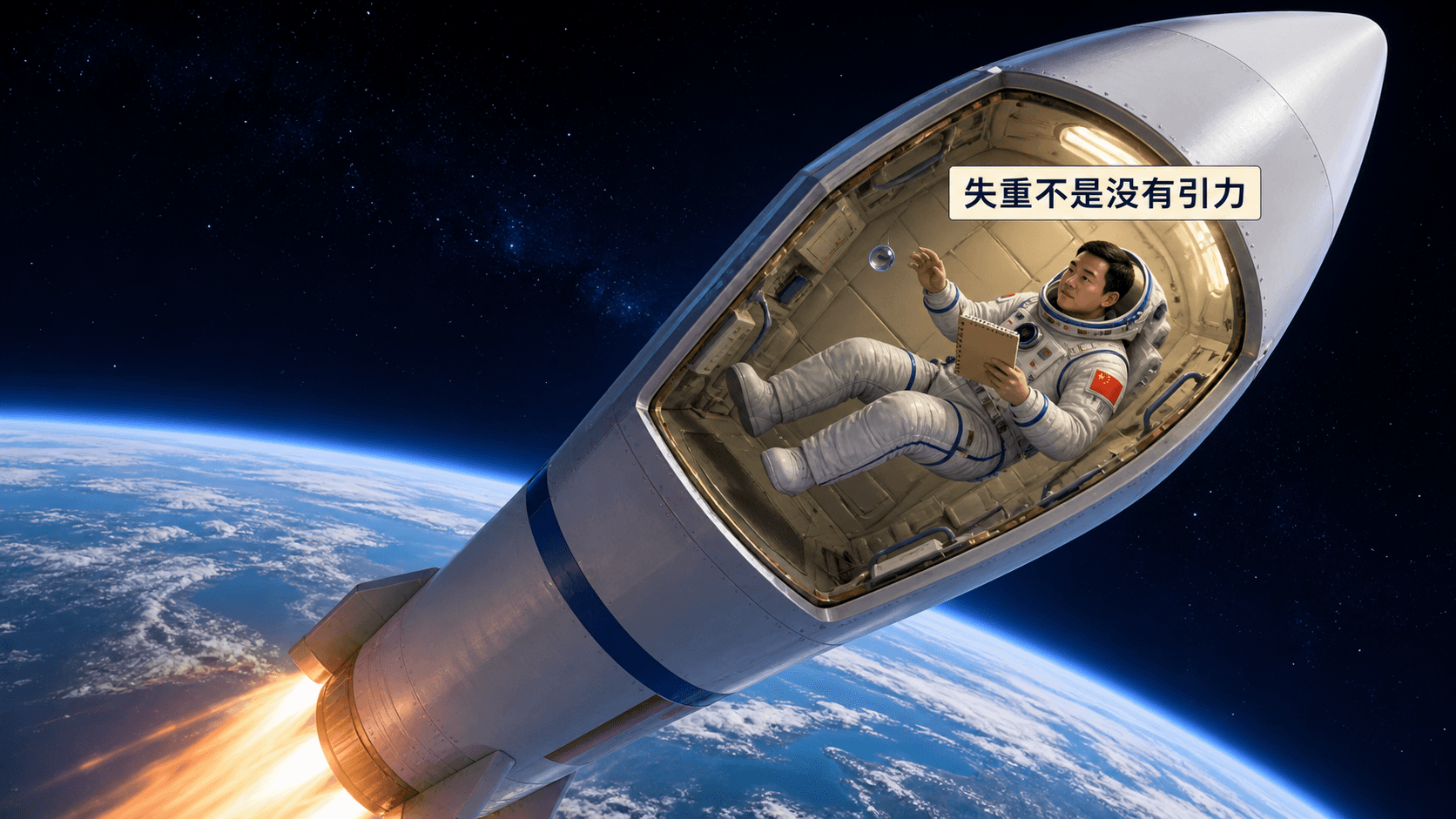 火箭发射后进入轨道与舱内宇航员失重的示意图