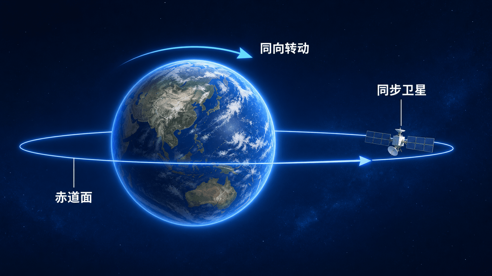 同步卫星位于赤道正上方并与地球同向转动的示意图