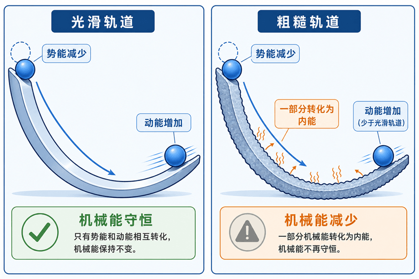 光滑与粗糙轨道的能量去向对比
