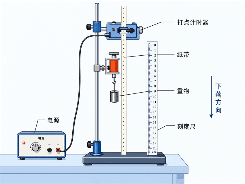 验证机械能守恒的纸带、打点计时器与重物装置