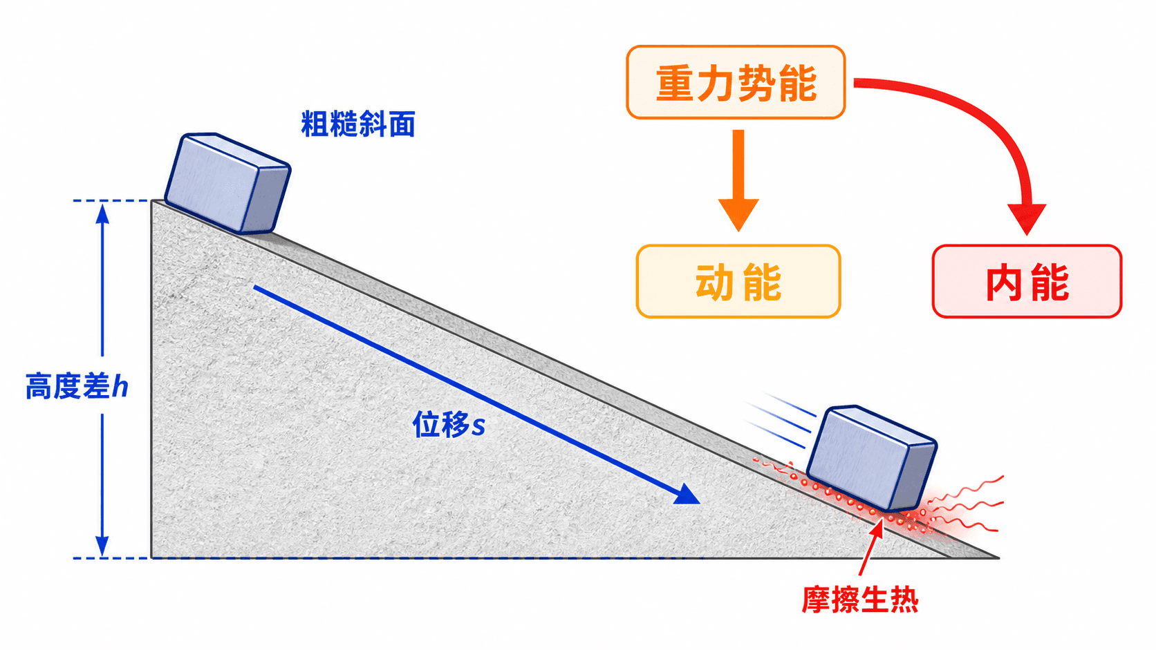 粗糙斜面上的滑块从高处下滑,能量由重力势能分流为动能和摩擦内能
