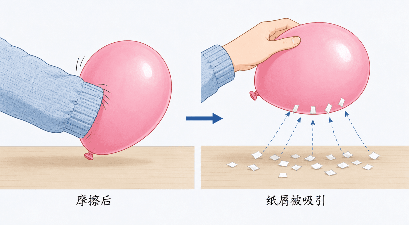 摩擦后的气球吸引小纸屑,纸屑靠近气球的一侧出现电荷分离