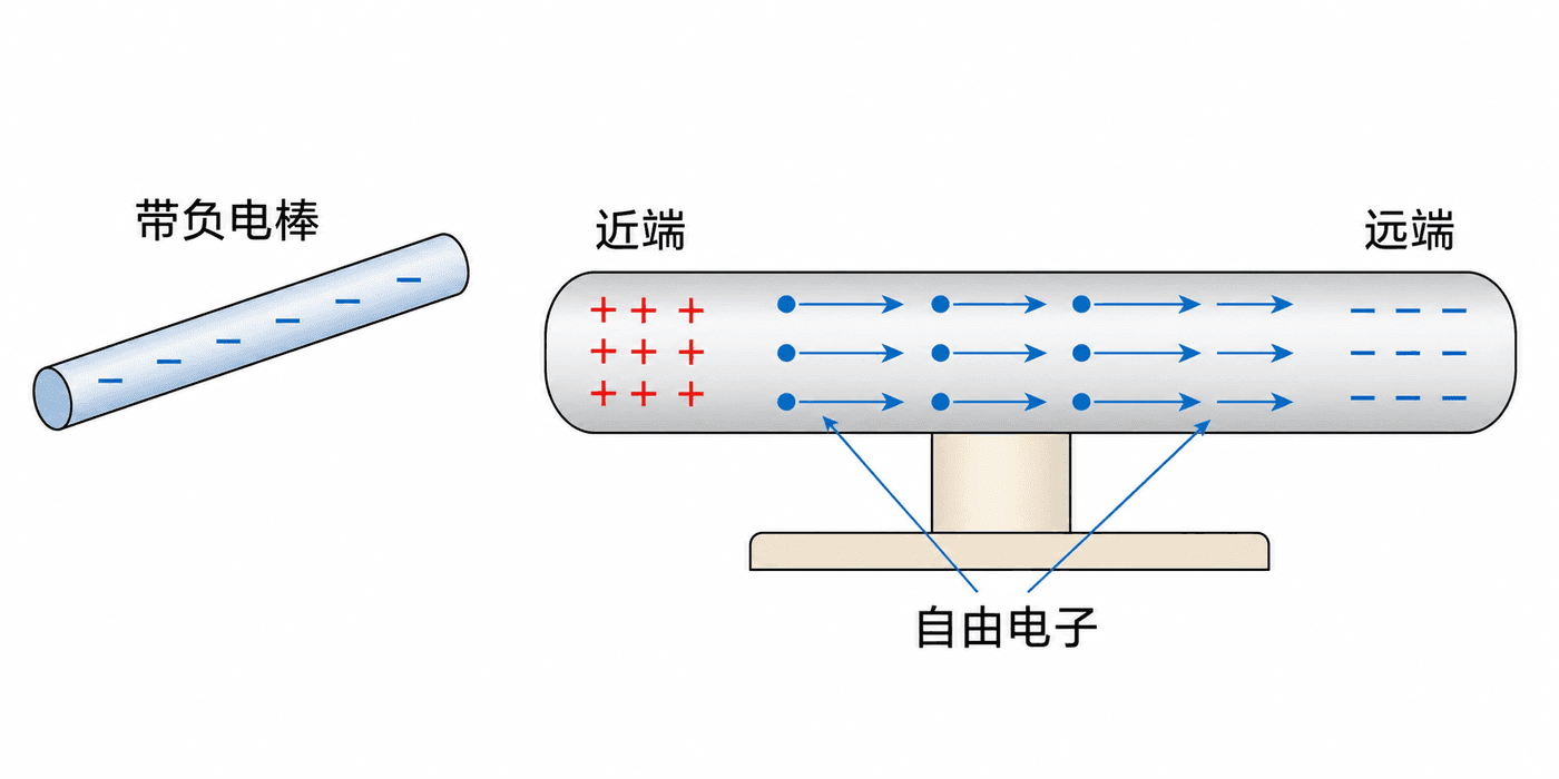 带负电棒靠近金属导体,自由电子移向远端,导体近端显正、远端显负