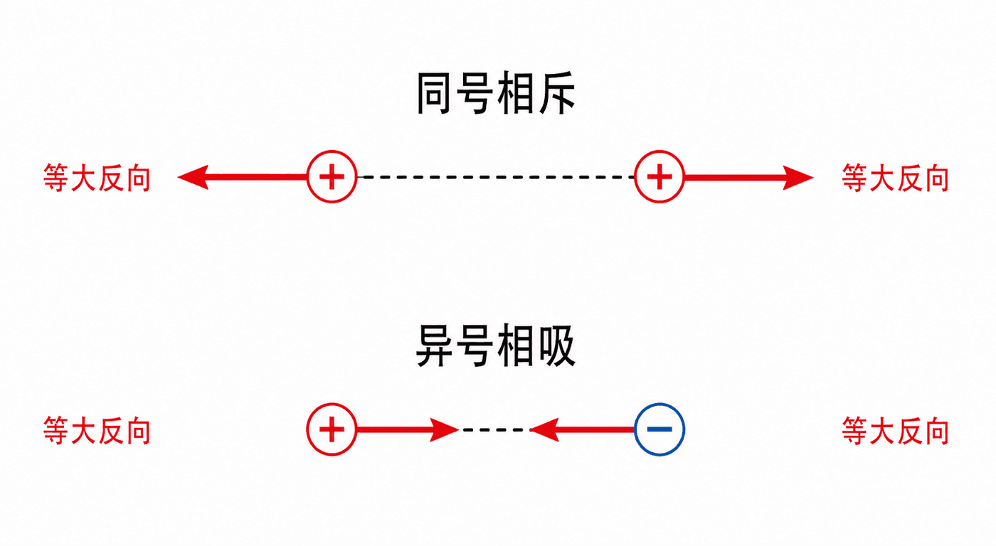 同号点电荷相斥、异号点电荷相吸,两电荷所受力沿连线且等大反向