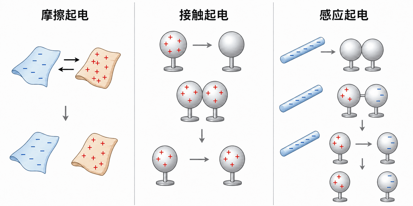 摩擦起电、接触起电、感应起电三种过程对比