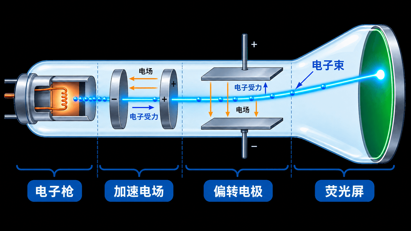 示波管中电子枪、加速电场、偏转电极和荧光屏