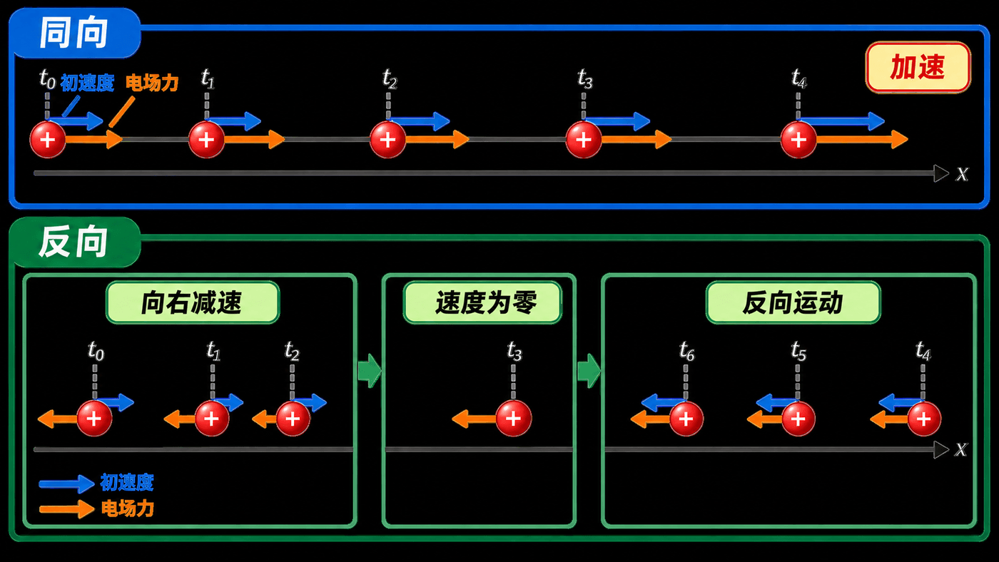 带电粒子同向加速、反向减速并折返的直线运动