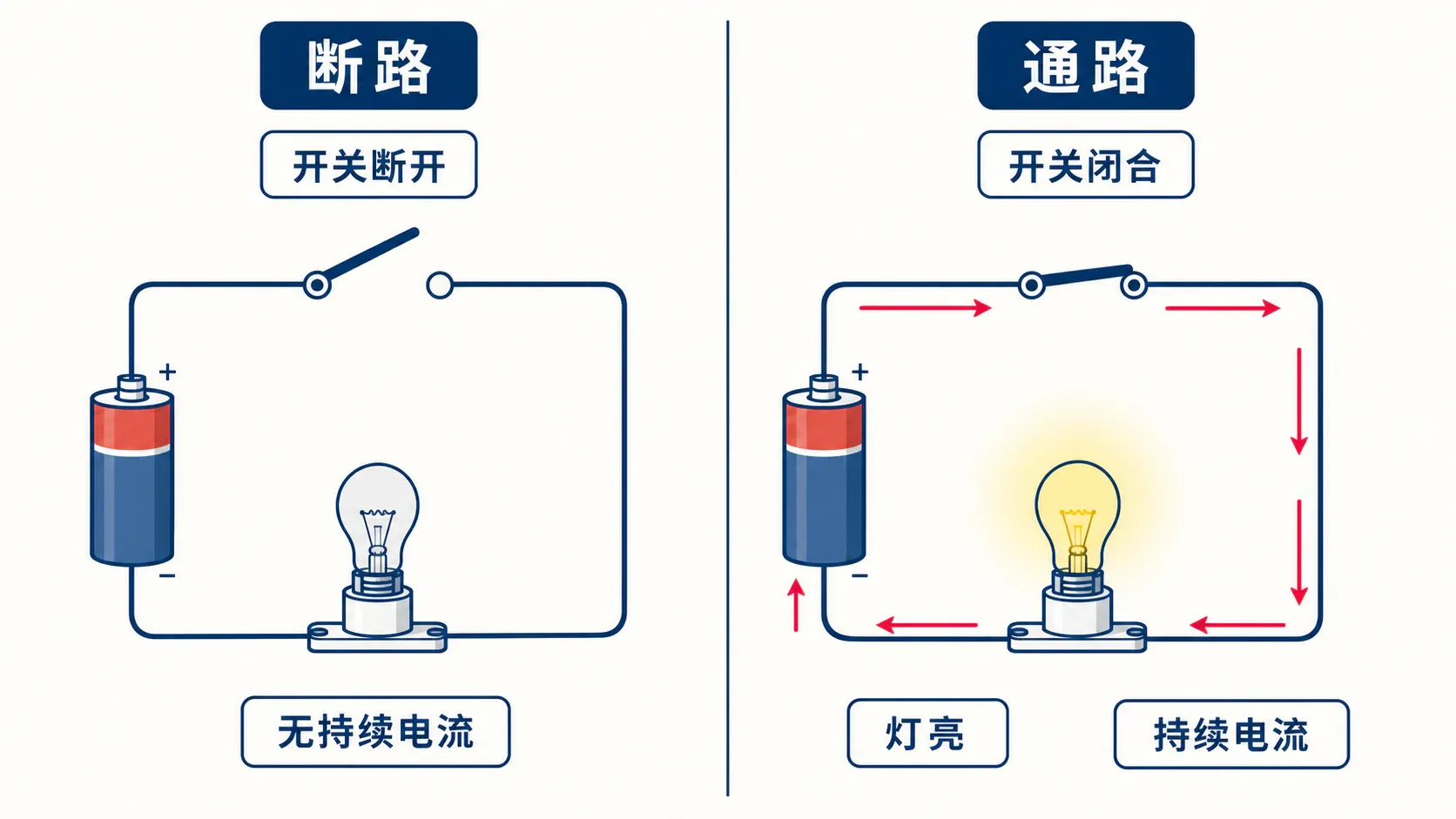 开关断开时回路中断,闭合后形成持续电流