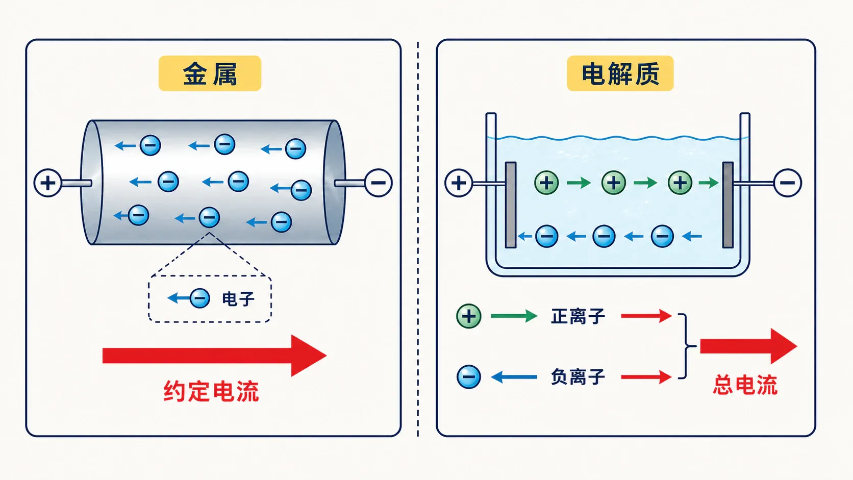 不同载流子的运动方向与约定电流方向