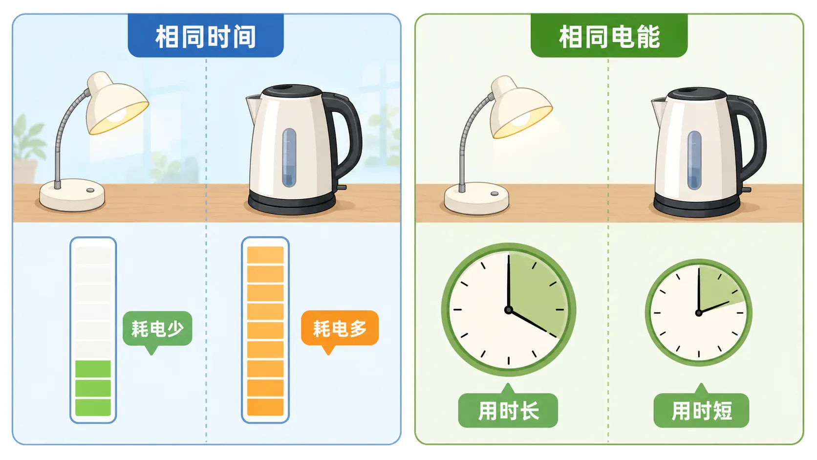 功率与用电时间共同决定电能消耗