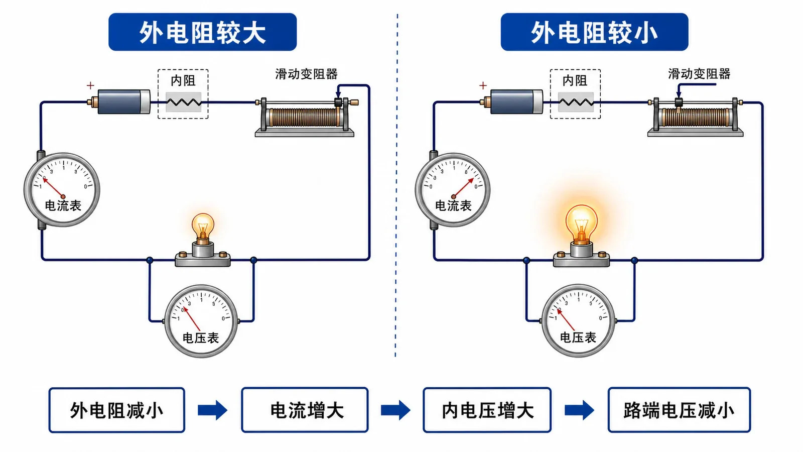 滑动变阻器改变外电阻时,灯泡亮度与电流表、电压表示数的联动