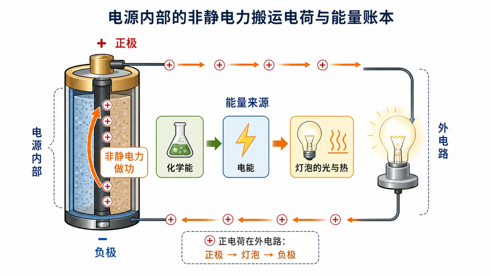 正电荷在外电路释放电势能,在电源内部由非静电力搬回高电势处