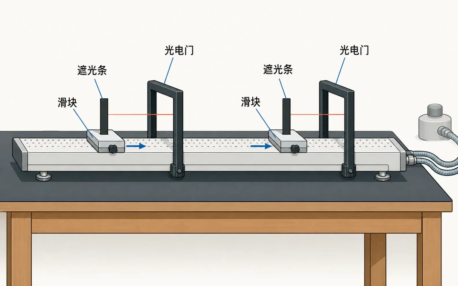 气垫导轨、滑块、遮光条和光电门的实验装置