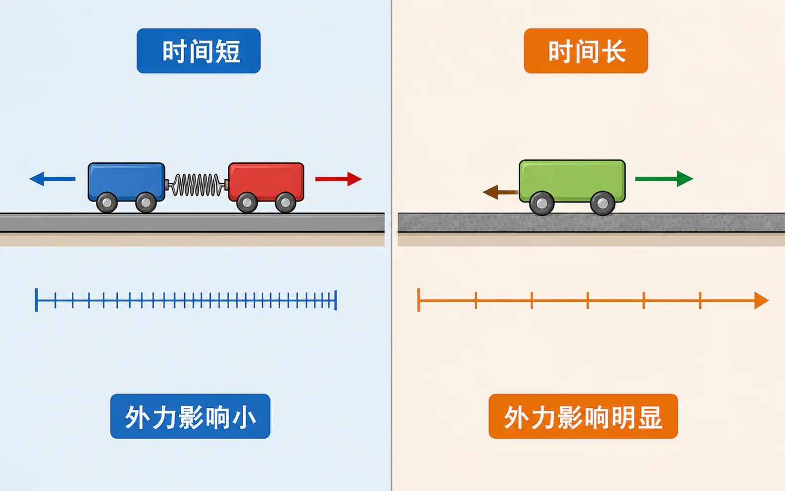 短促相互作用与较长过程中的外力影响对比