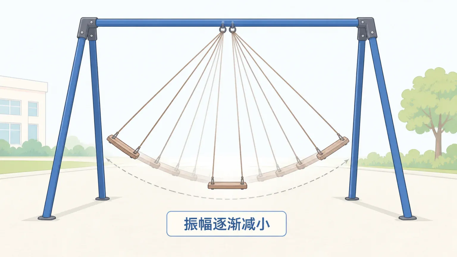 停止驱动后,秋千的振幅因阻尼逐渐减小
