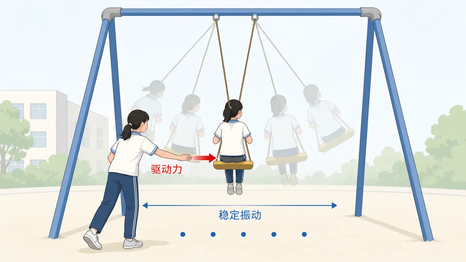 按固定节奏推动秋千,驱动力使系统形成稳定的受迫振动