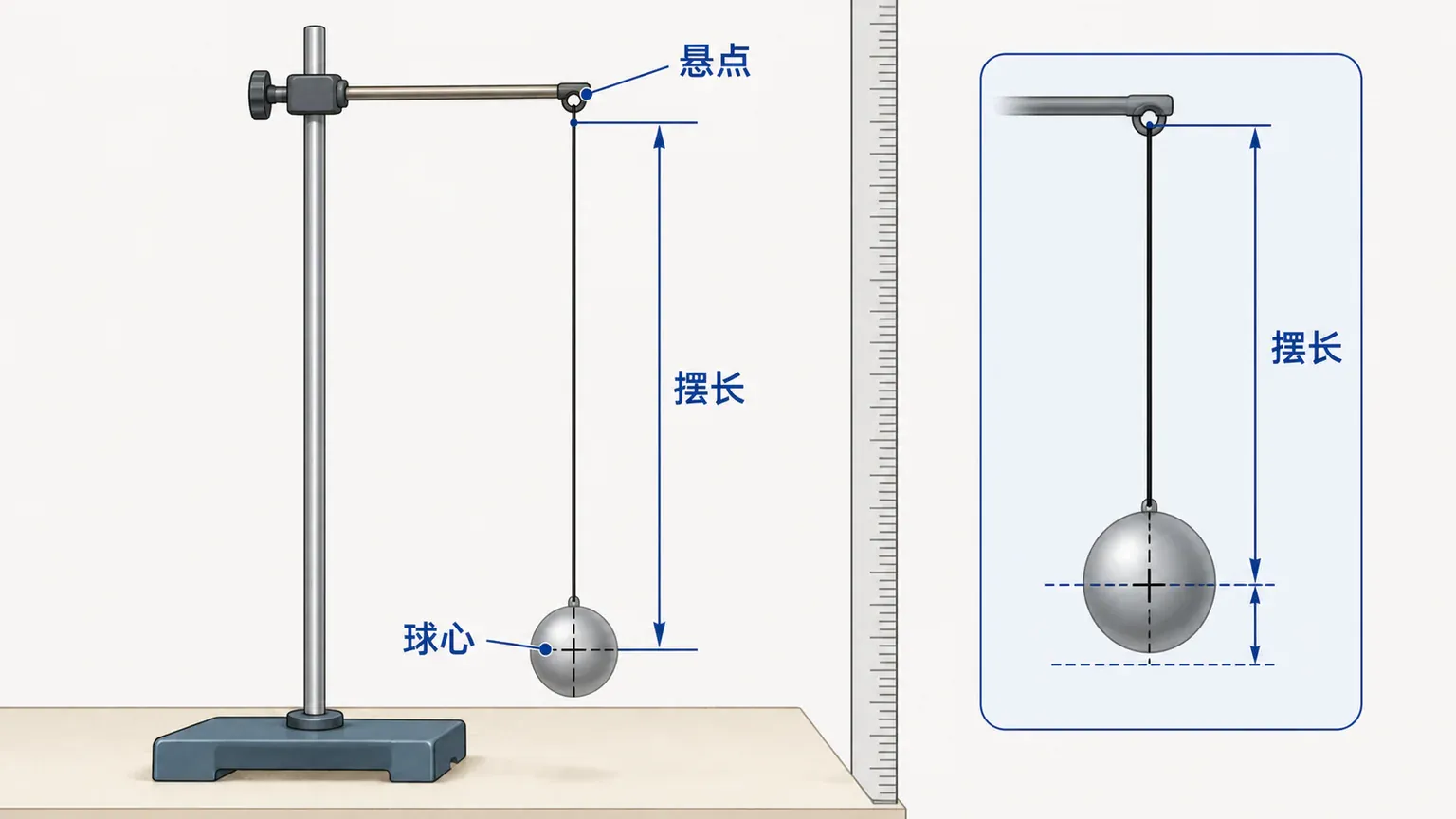 摆长应从悬点量到摆球球心