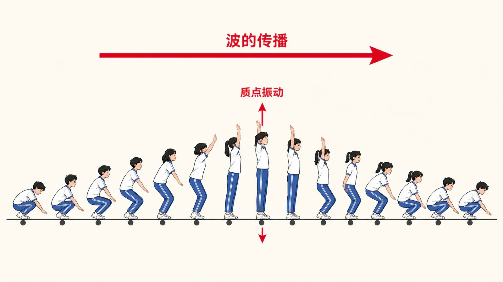 看台人浪中波形向前传播而观众只在原位起立和坐下