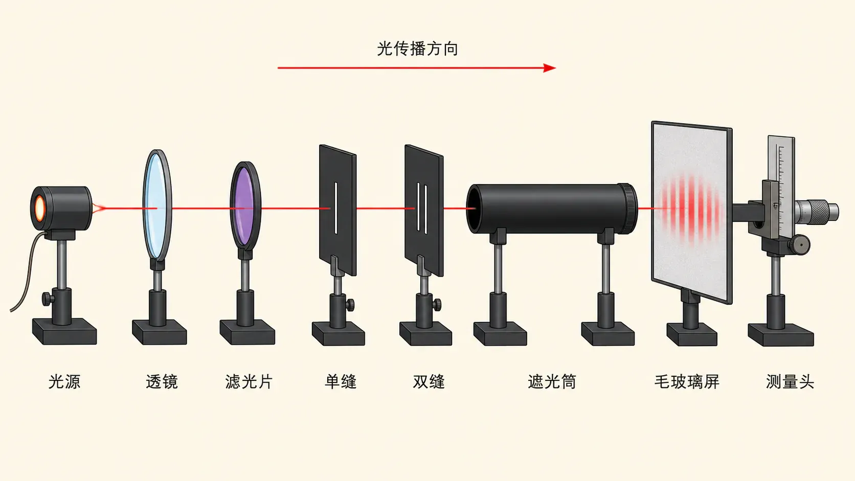 双缝测波长实验的器材顺序与调节要点