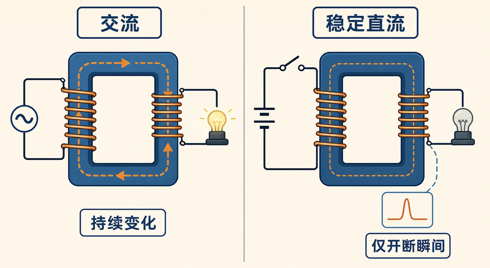 交流输入能维持变化的磁通,稳定直流只在接通或断开的短暂过程中引起磁通变化
