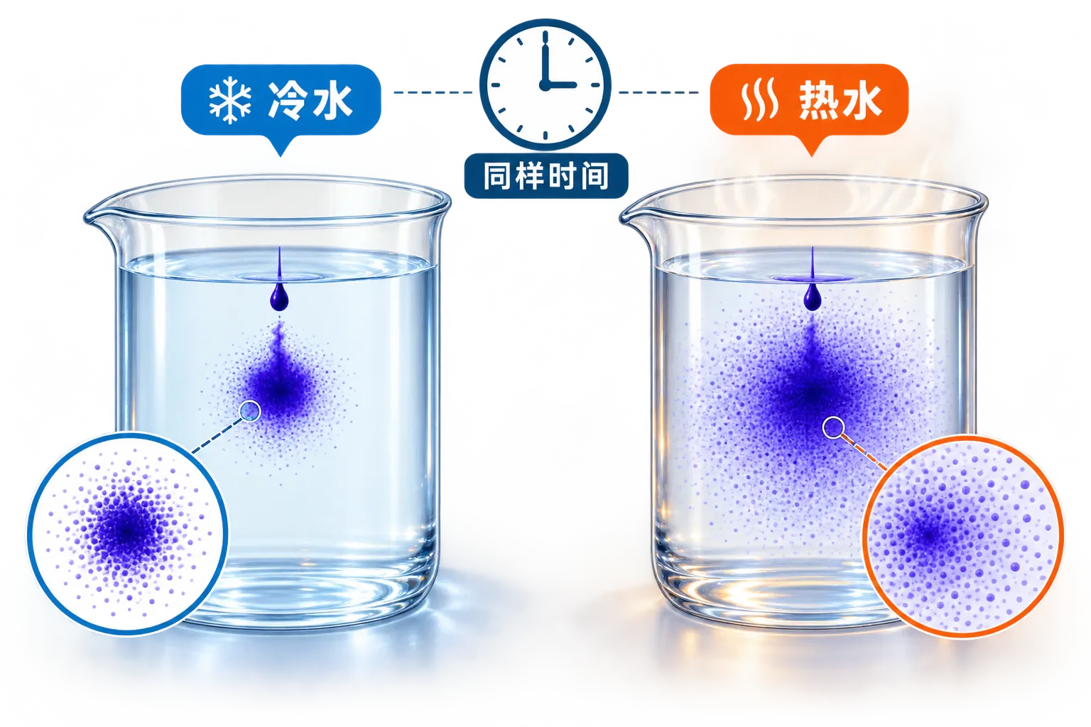 相同时间内墨水在冷水和热水中的扩散对比