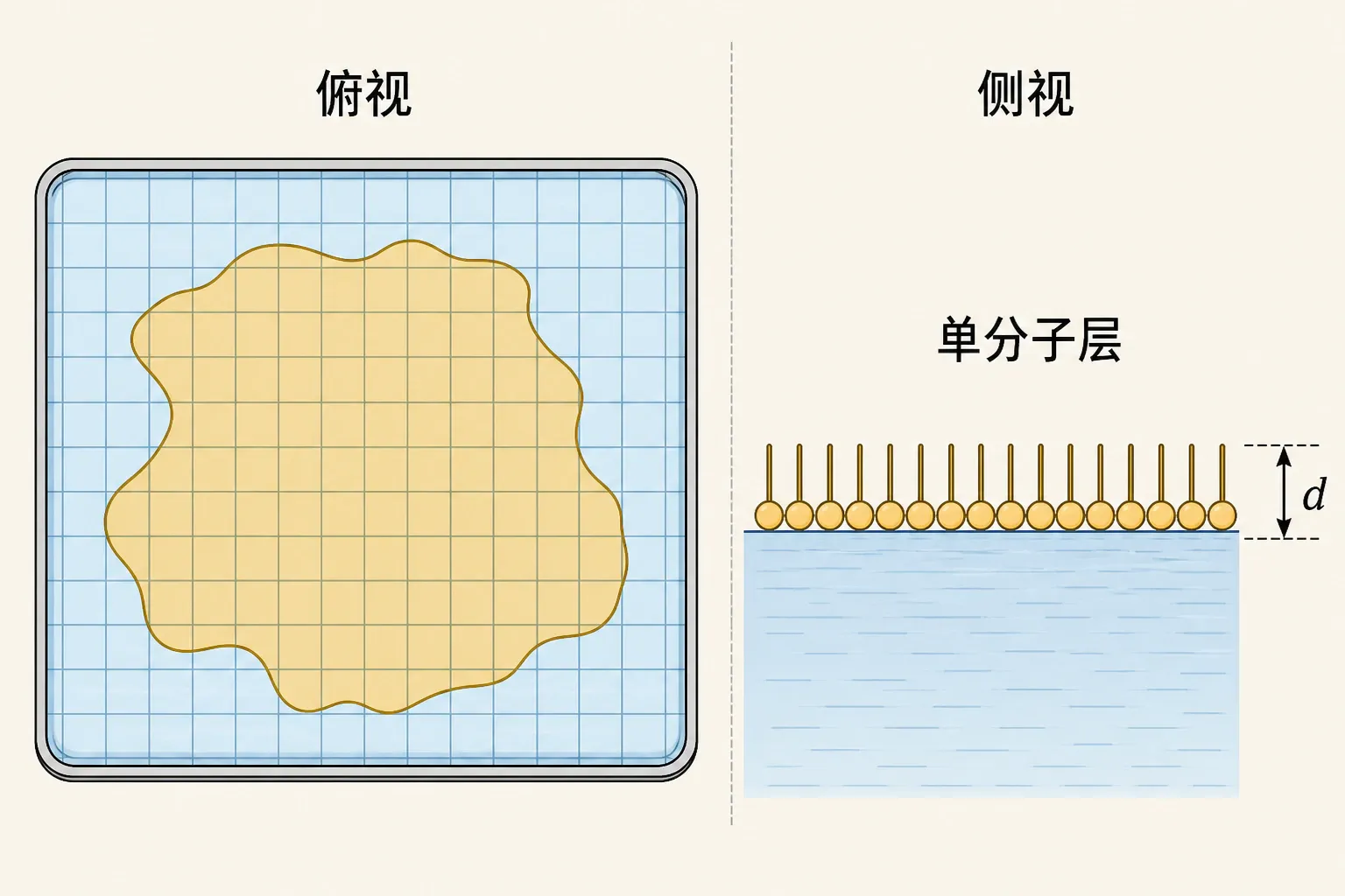 油膜法的俯视方格计数与单分子层侧视模型