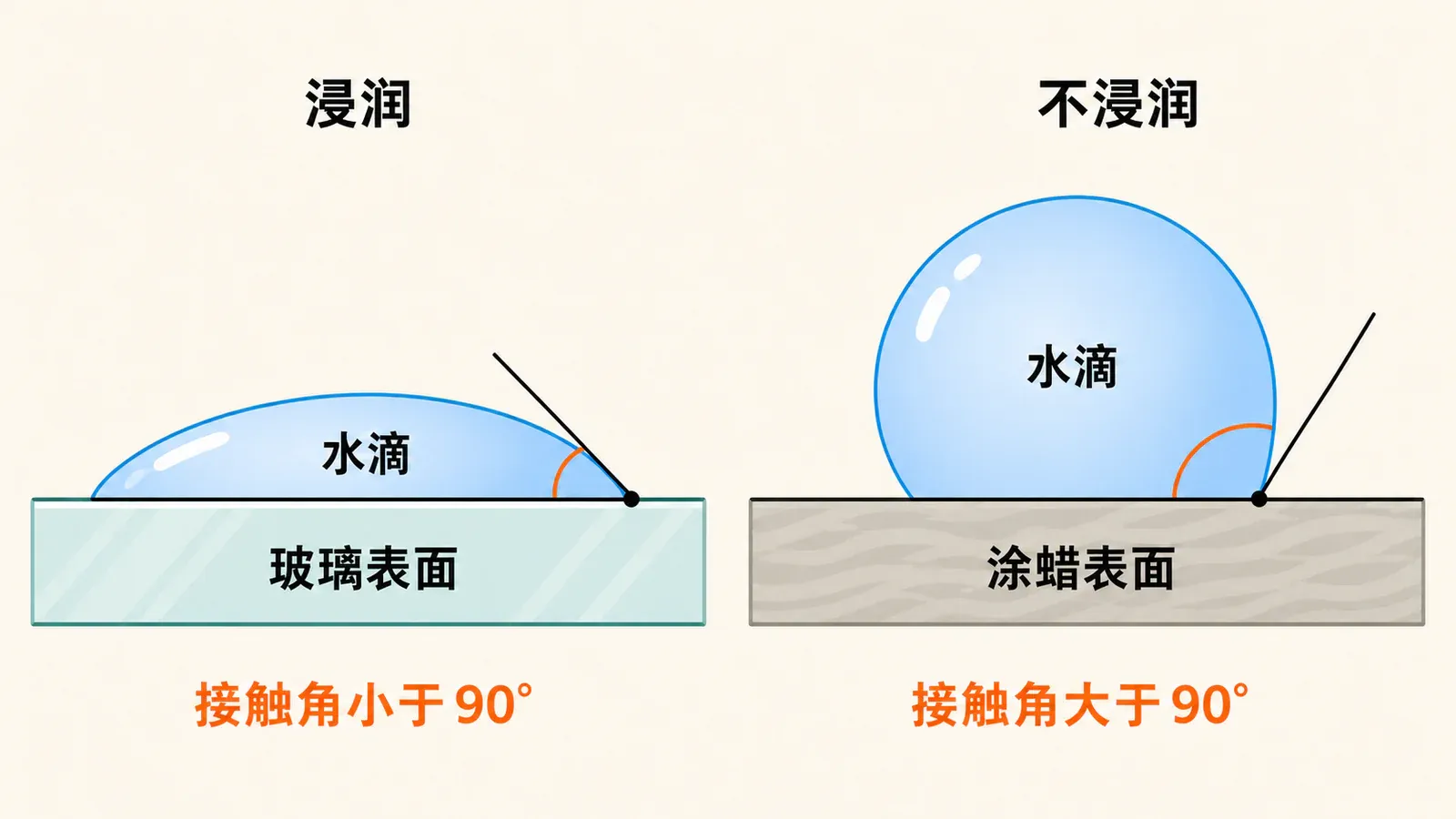 水在玻璃与蜡面上的浸润和不浸润对比