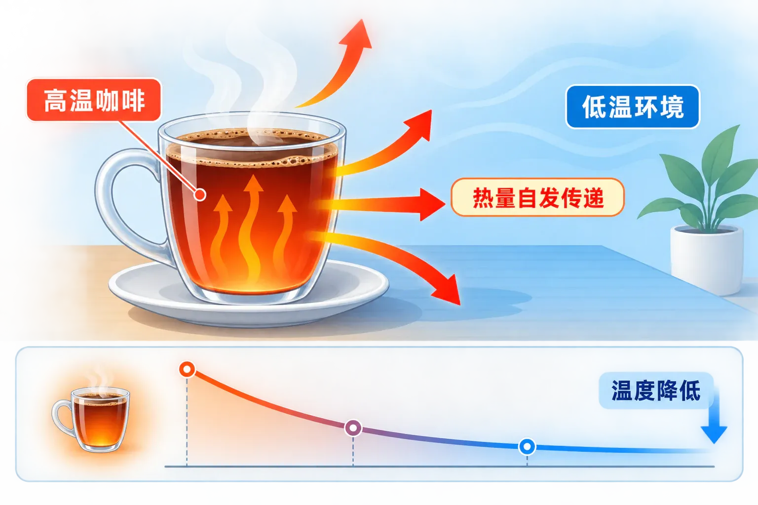 热水自发冷却时热量由高温处传向低温处