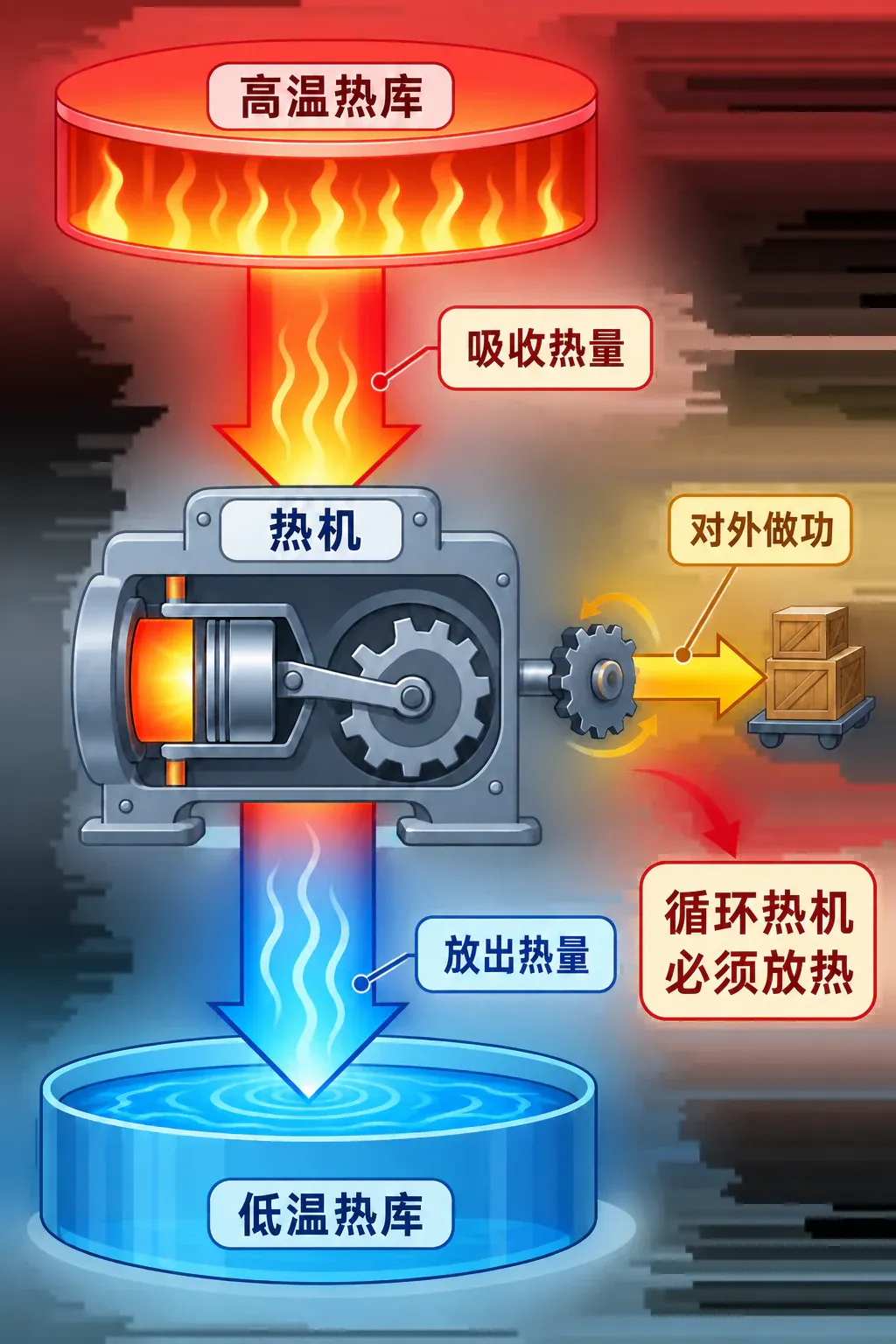热机吸热、做功并向低温热库放热的能量流