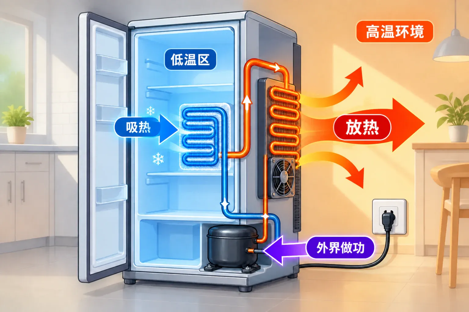 冰箱依靠外界做功把热量从低温处送往高温处