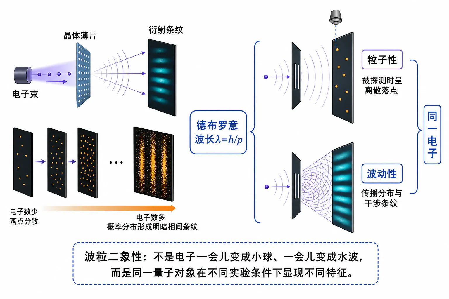 单个电子留下离散落点,大量电子积累后形成衍射图样