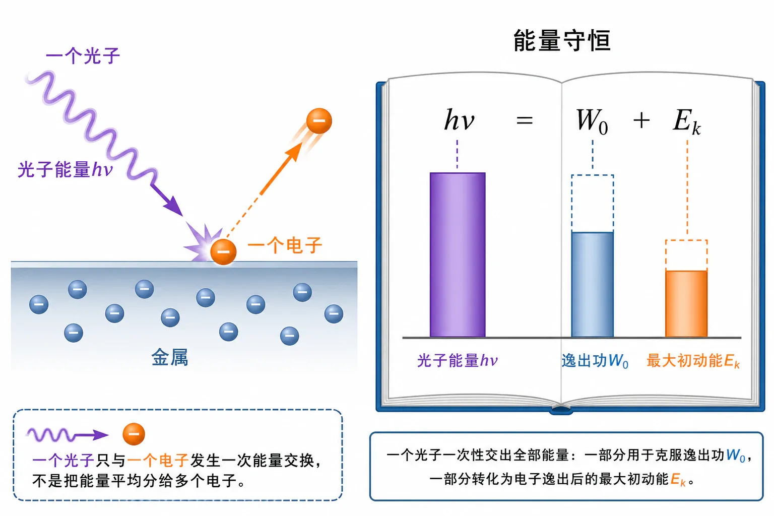 单个光子的能量先支付逸出功,剩余部分成为光电子最大初动能