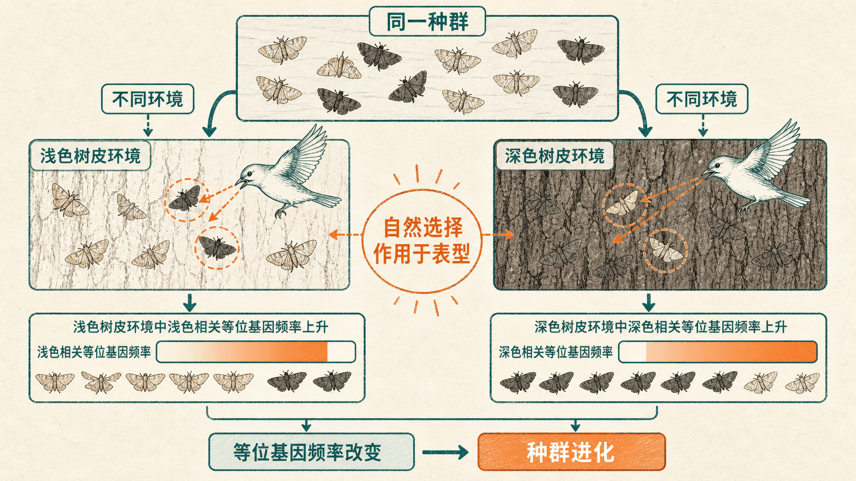 不同环境中的自然选择使两个隔离种群的基因频率逐渐不同