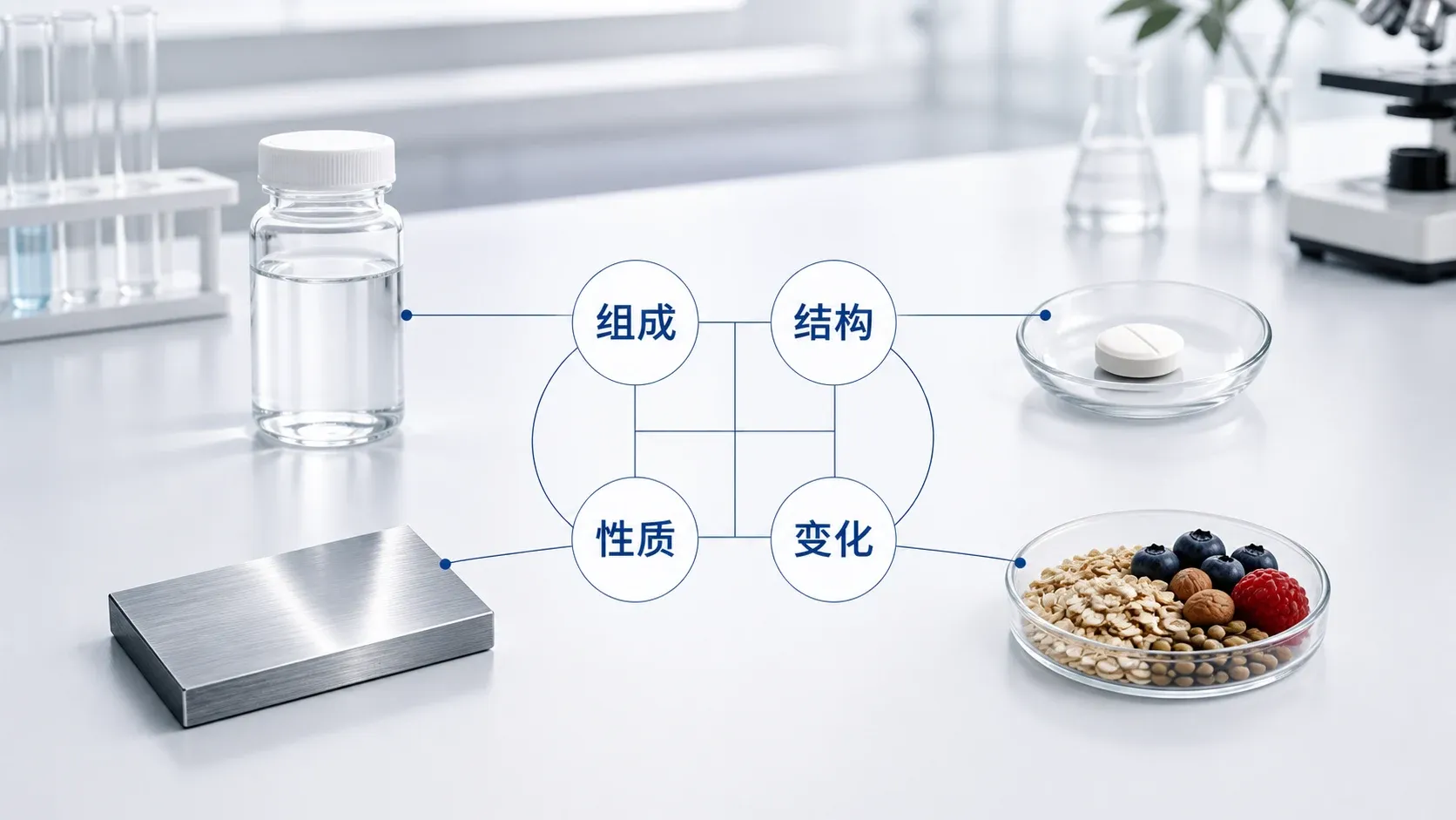 实验室中的水样、药片、金属材料和食品样品围绕“组成、结构、性质、变化”展开,提示化学研究的共同对象