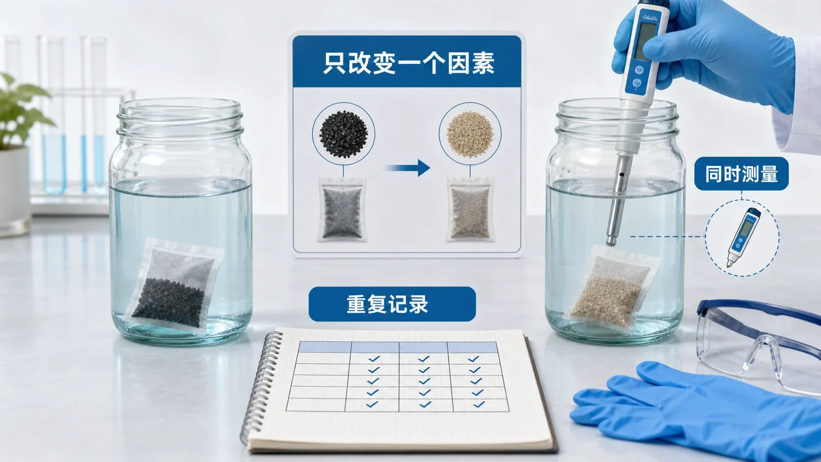 两个水样对照实验、变量卡片和重复记录表组成的教学插图,强调一次只改变一个因素并重复测量