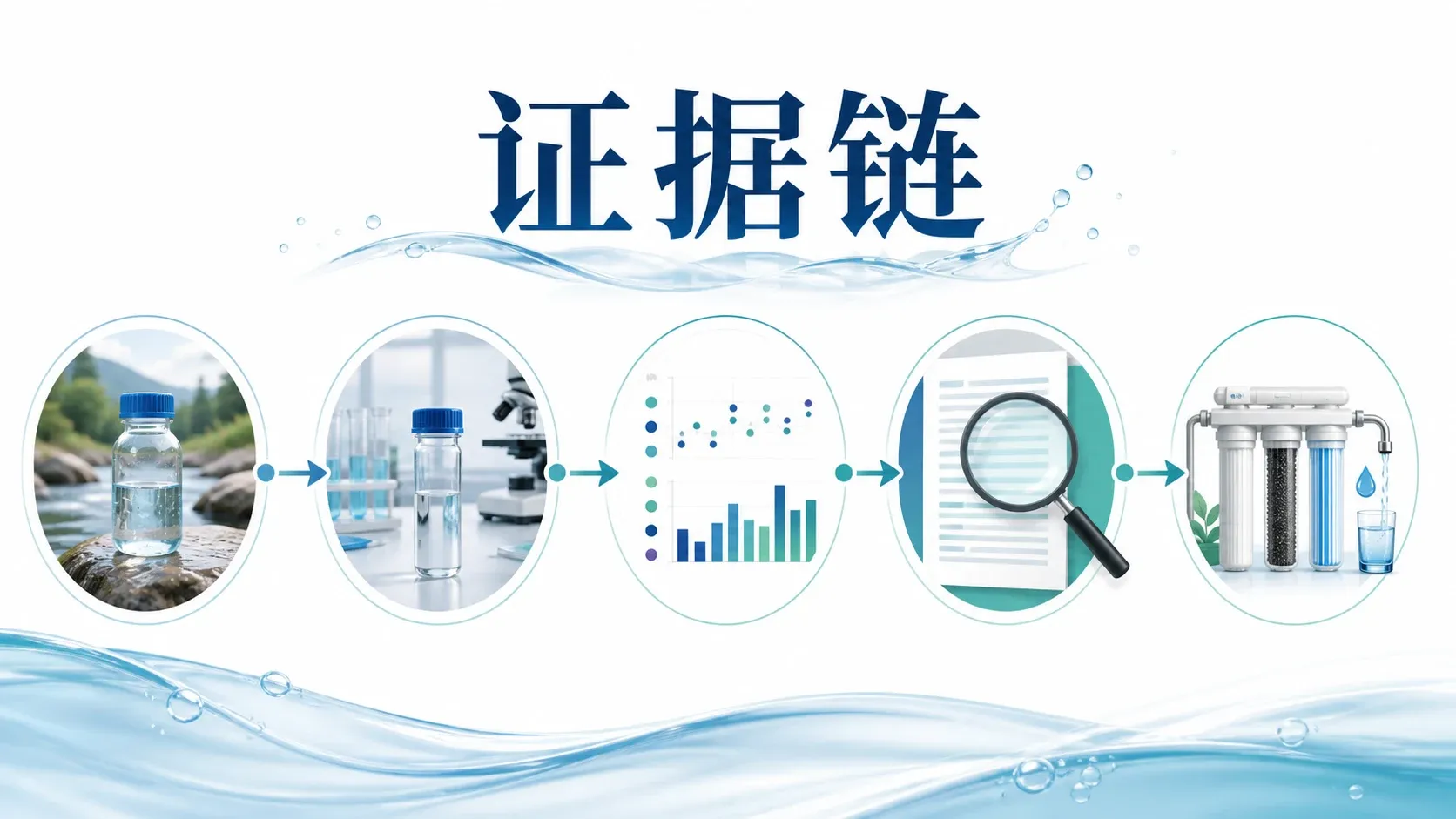 从环境水样采集、检测、数据记录到条件化结论和处理建议的证据链信息图,强调“证据链”