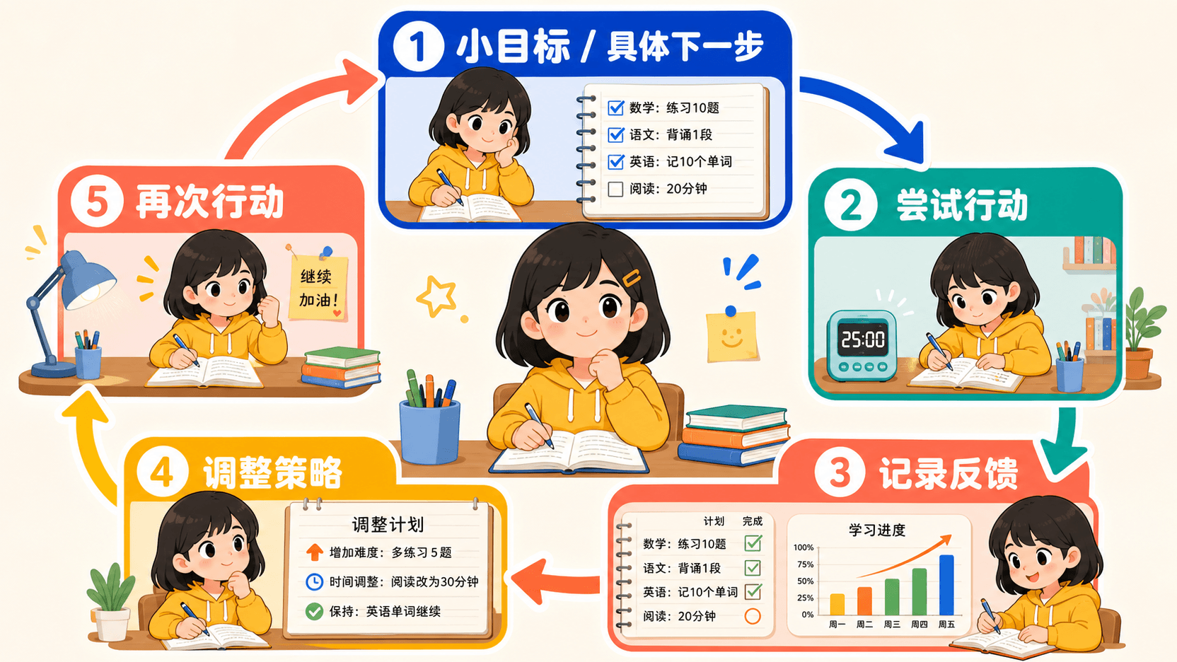 小澄从具体下一步到尝试记录调整并再次行动的目标反馈回路信息图