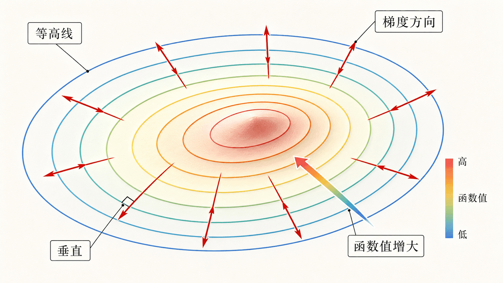 浅色背景上的闭合等高线图，梯度箭头垂直穿过等高线并指向函数值增大的高值区域。